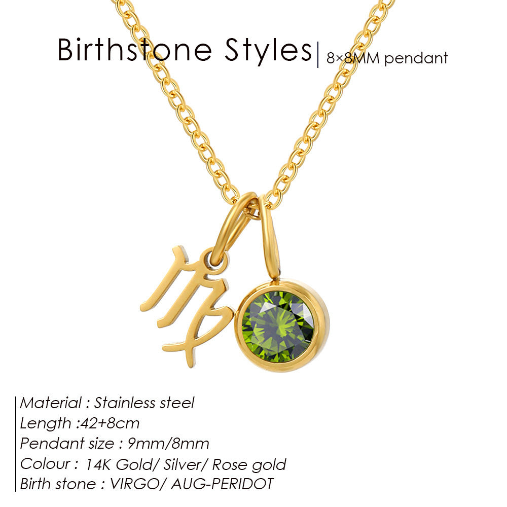 Colorful Zircon Birthstone Twelve Constellation Titanium Steel Necklace – Elegant Zodiac Jewelry for Women