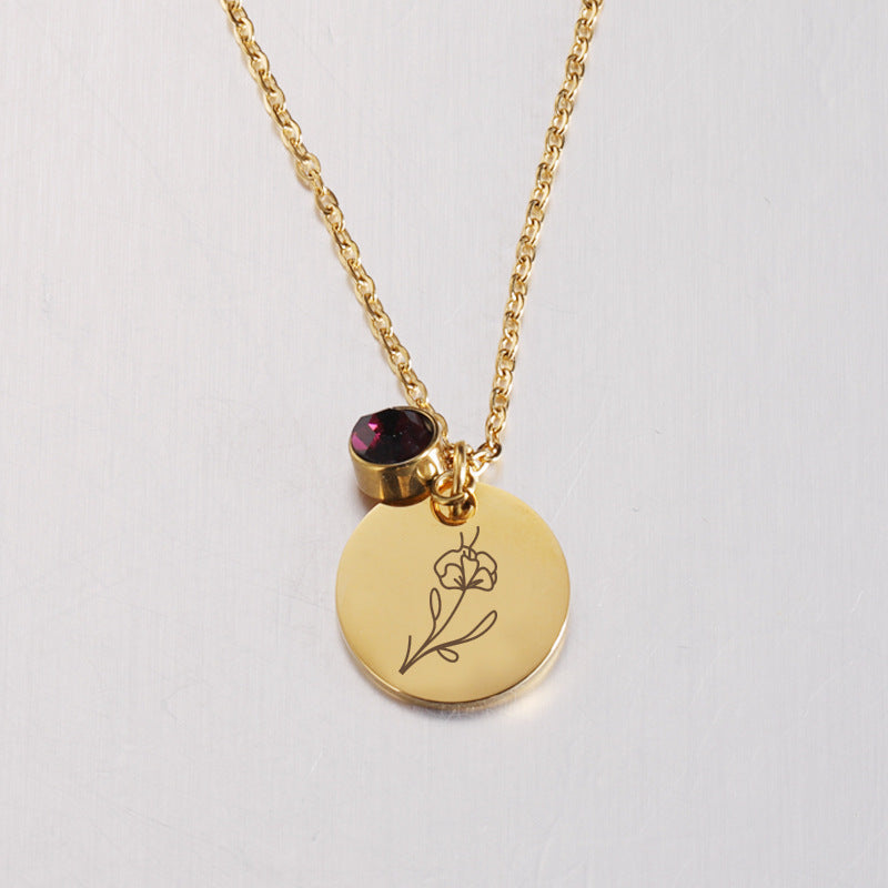Birth Flower and Birthstone Medal Necklace – Personalized Birthday Stainless Steel Jewelry