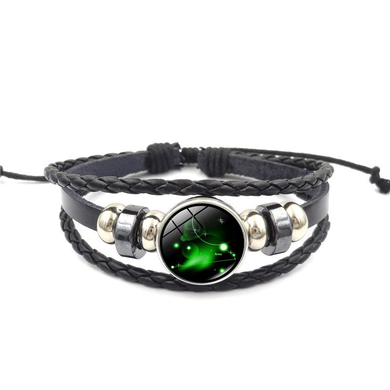 Constellation Handmade Leather Bracelet – Black Weave Multi-Layer Punk Rock Zodiac Jewelry