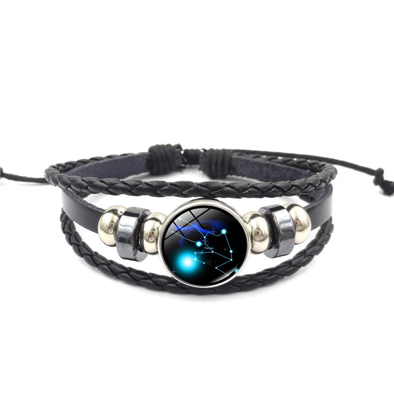 Constellation Handmade Leather Bracelet – Black Weave Multi-Layer Punk Rock Zodiac Jewelry