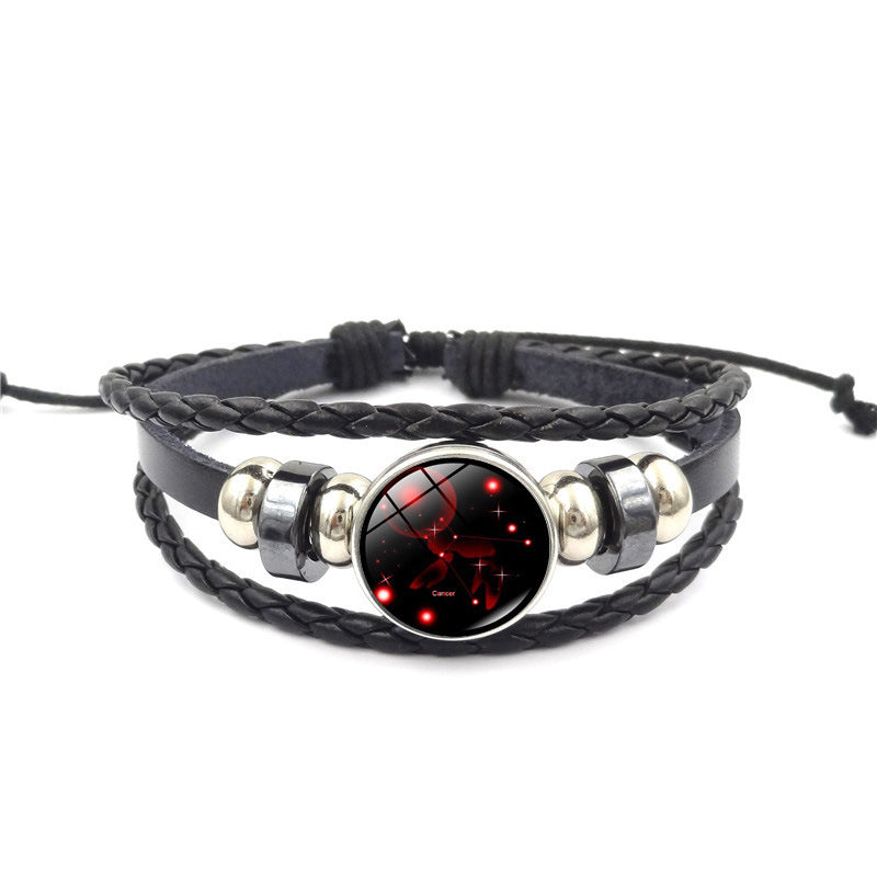 Constellation Handmade Leather Bracelet – Black Weave Multi-Layer Punk Rock Zodiac Jewelry