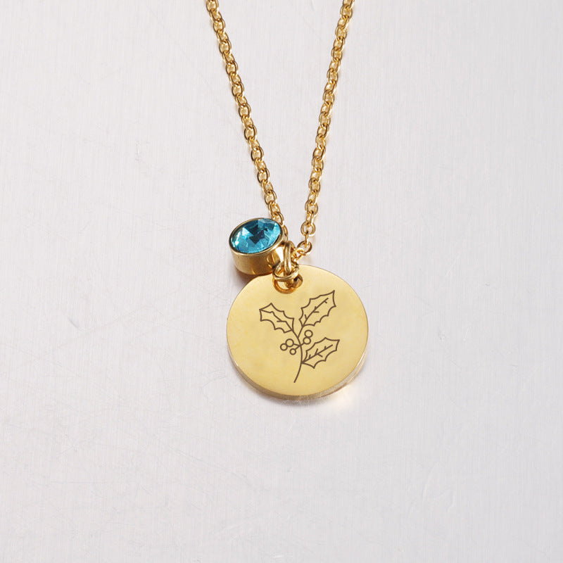 Birth Flower and Birthstone Medal Necklace – Personalized Birthday Stainless Steel Jewelry