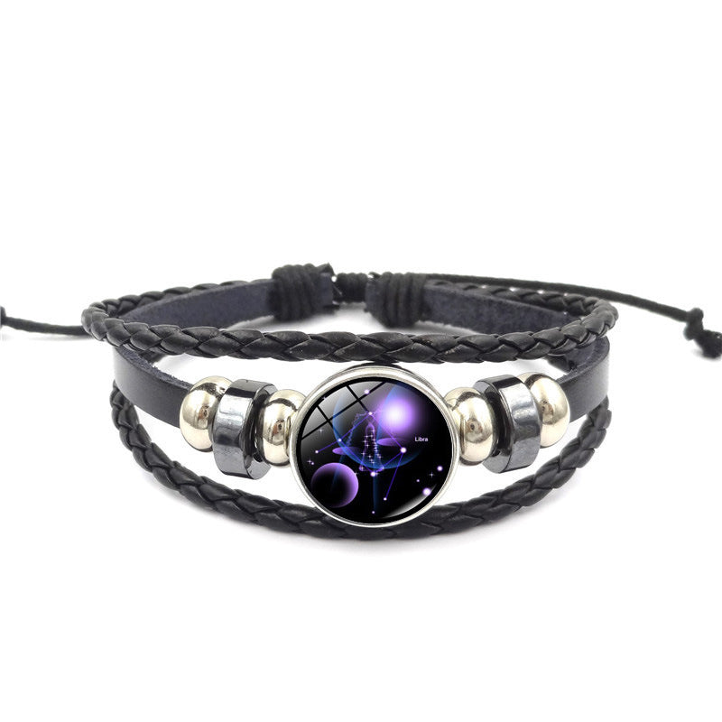 Constellation Handmade Leather Bracelet – Black Weave Multi-Layer Punk Rock Zodiac Jewelry