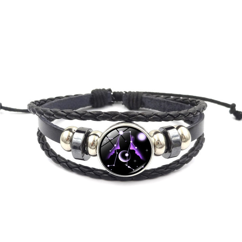 Constellation Handmade Leather Bracelet – Black Weave Multi-Layer Punk Rock Zodiac Jewelry