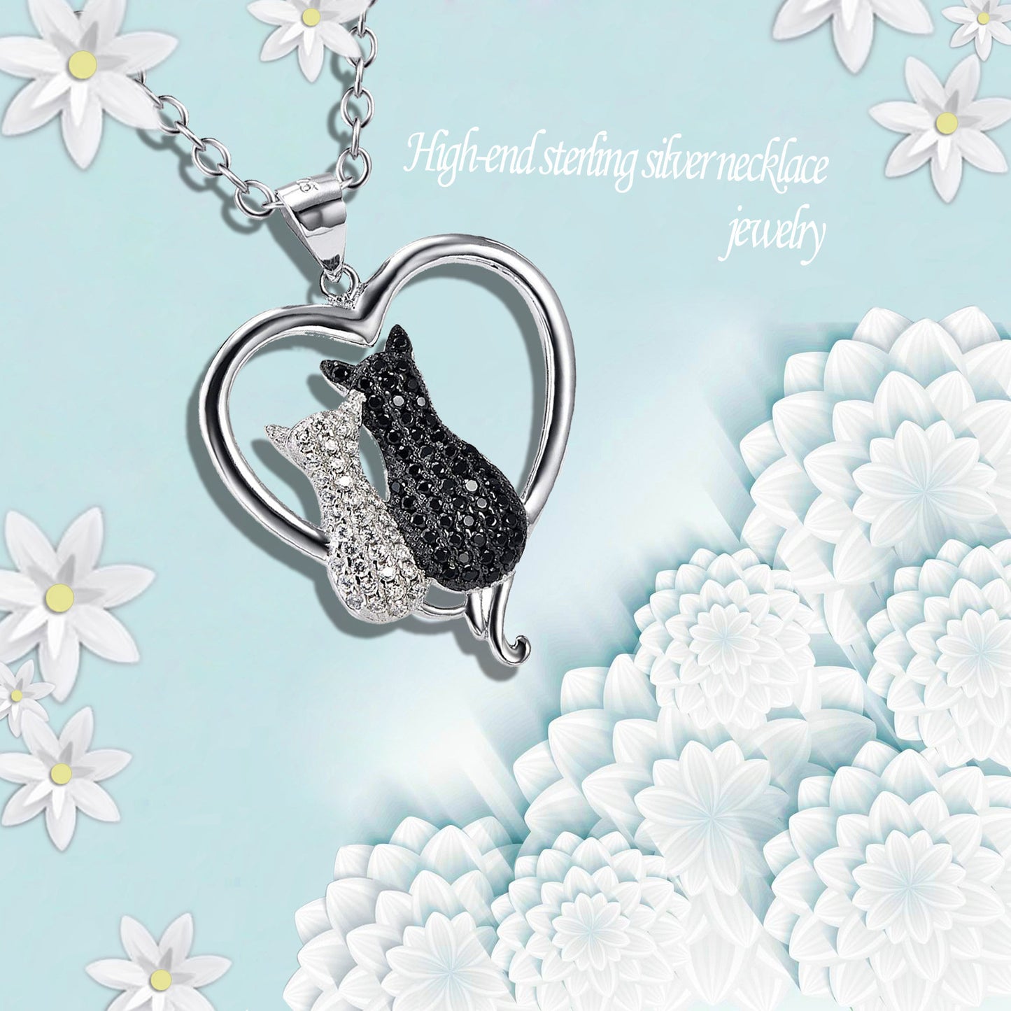 S925 Sterling Silver Black and White Cat Necklace – Full Diamond Pendant for Cat Lovers
