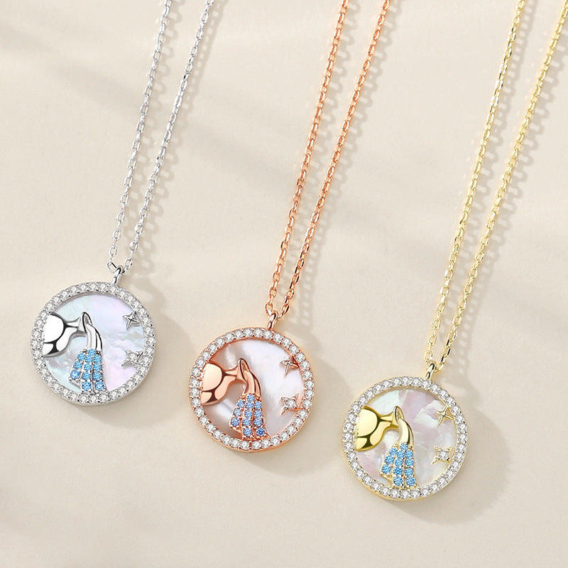 Twelve Constellation Mother of Pearl Sterling Silver Medal Pendant – Elegant Zodiac Clavicle Chain
