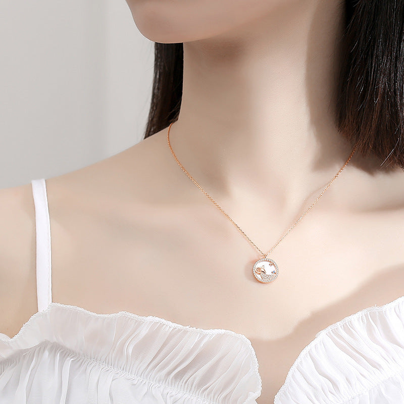 Twelve Constellation Mother of Pearl Sterling Silver Medal Pendant – Elegant Zodiac Clavicle Chain