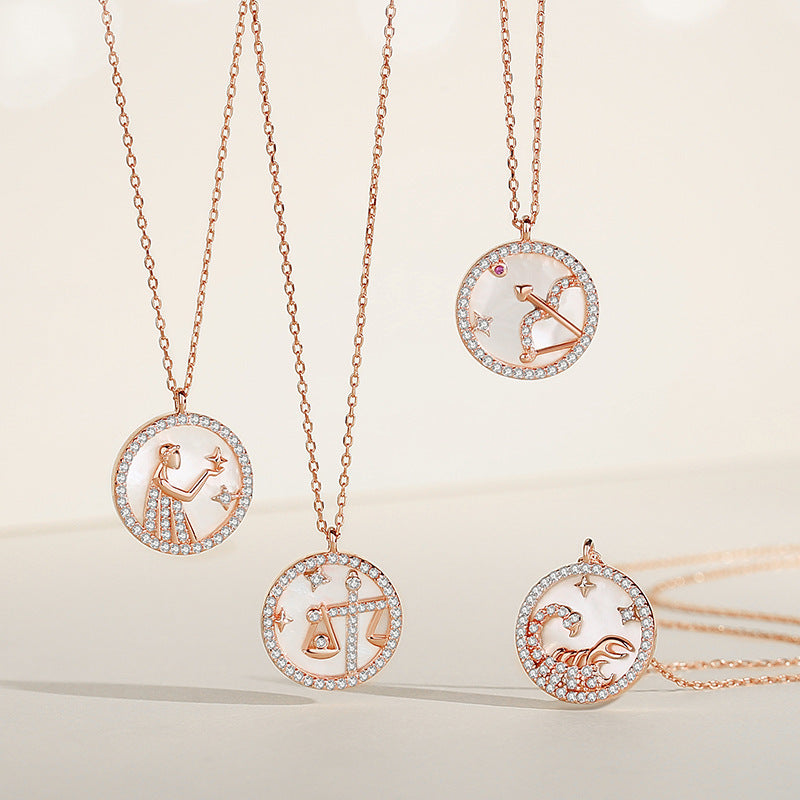Twelve Constellation Mother of Pearl Sterling Silver Medal Pendant – Elegant Zodiac Clavicle Chain