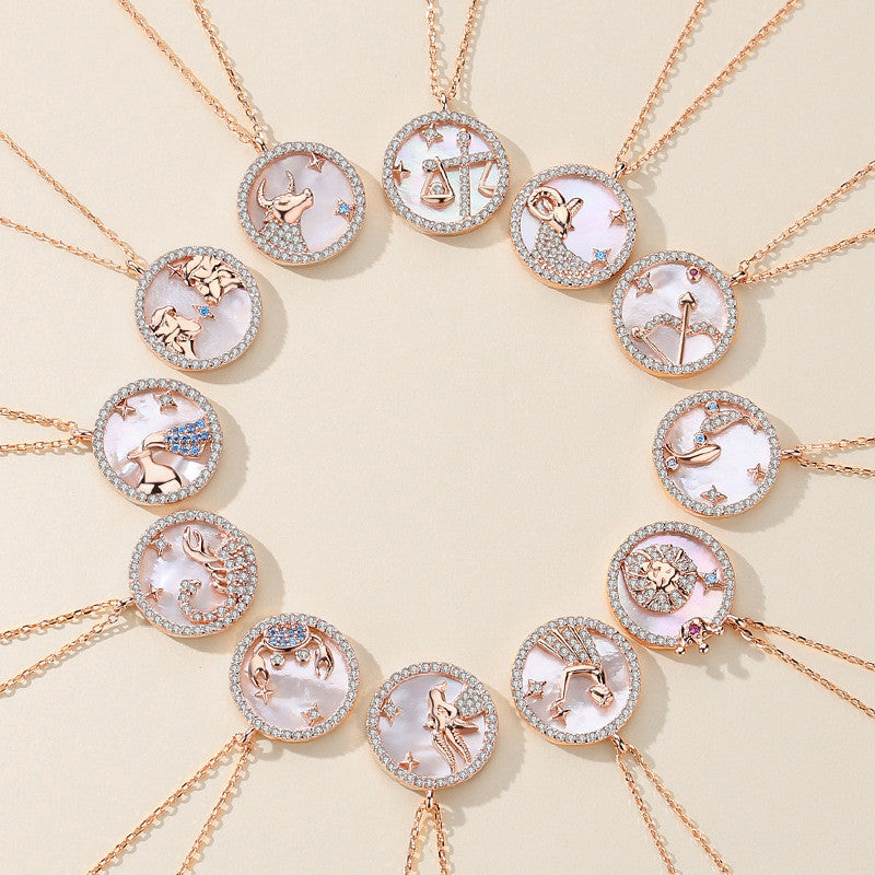 Twelve Constellation Mother of Pearl Sterling Silver Medal Pendant – Elegant Zodiac Clavicle Chain