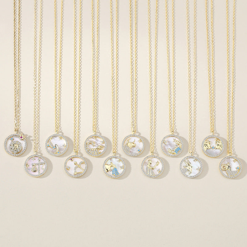 Twelve Constellation Mother of Pearl Sterling Silver Medal Pendant – Elegant Zodiac Clavicle Chain