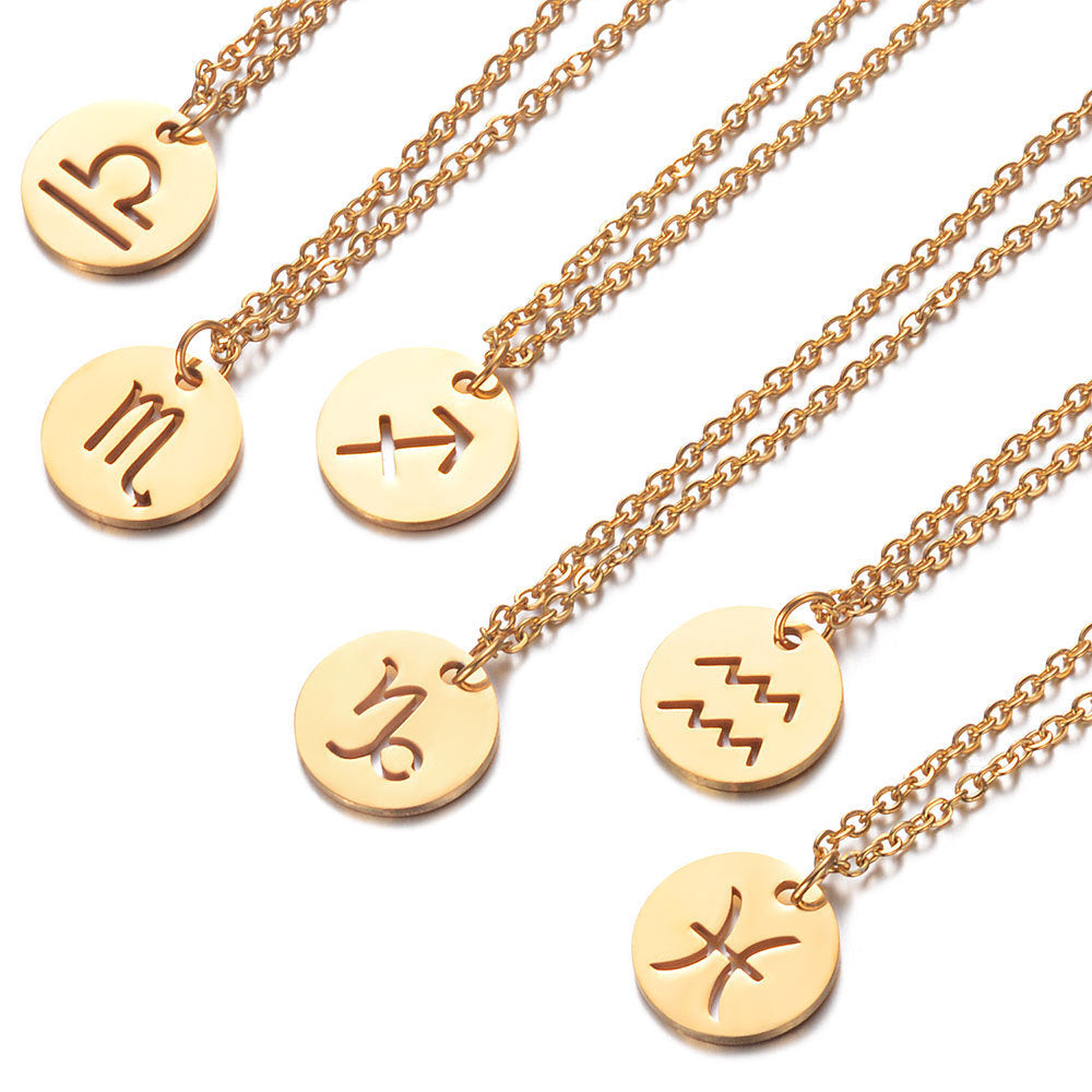 12 Constellation Golden Hollow Clavicle Chain – Elegant Zodiac Pendant Necklace