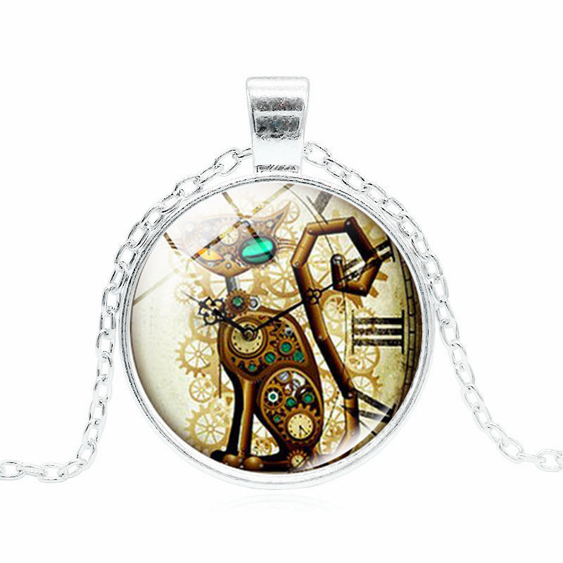 Steampunk Cat Time Gemstone Necklace – Vintage and Mysterious Feline Charm