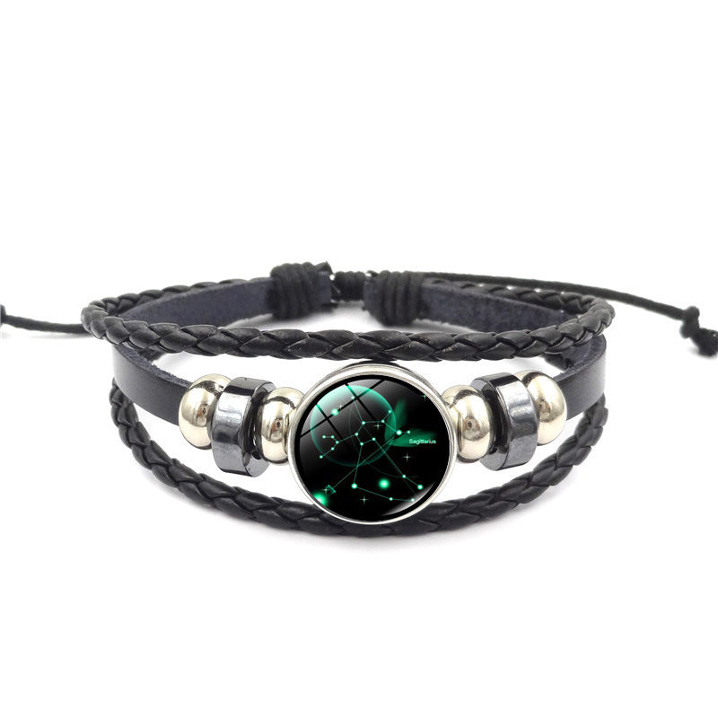 Constellation Handmade Leather Bracelet – Black Weave Multi-Layer Punk Rock Zodiac Jewelry