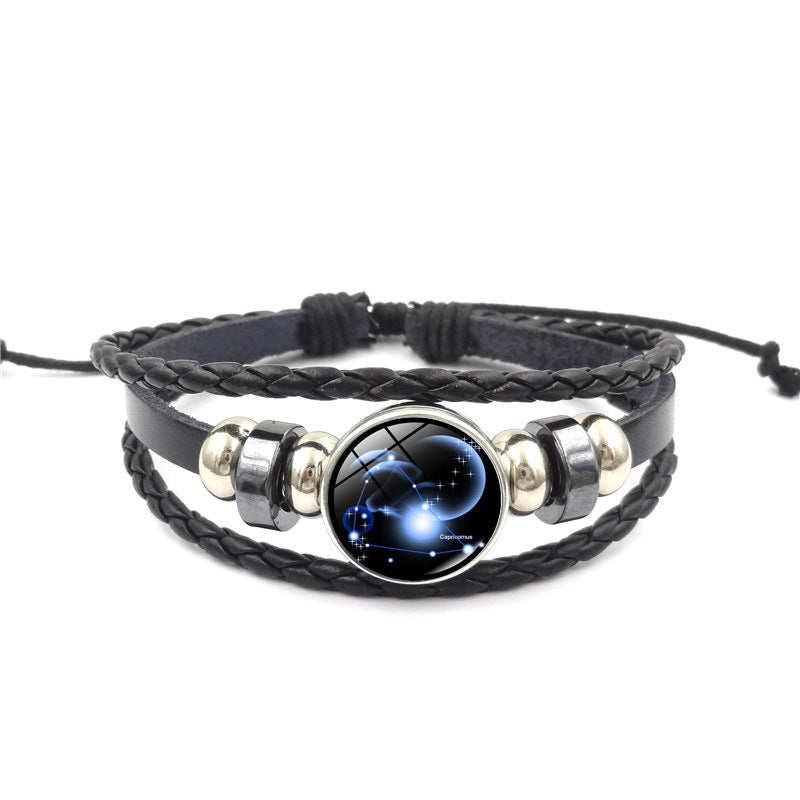 Constellation Handmade Leather Bracelet – Black Weave Multi-Layer Punk Rock Zodiac Jewelry