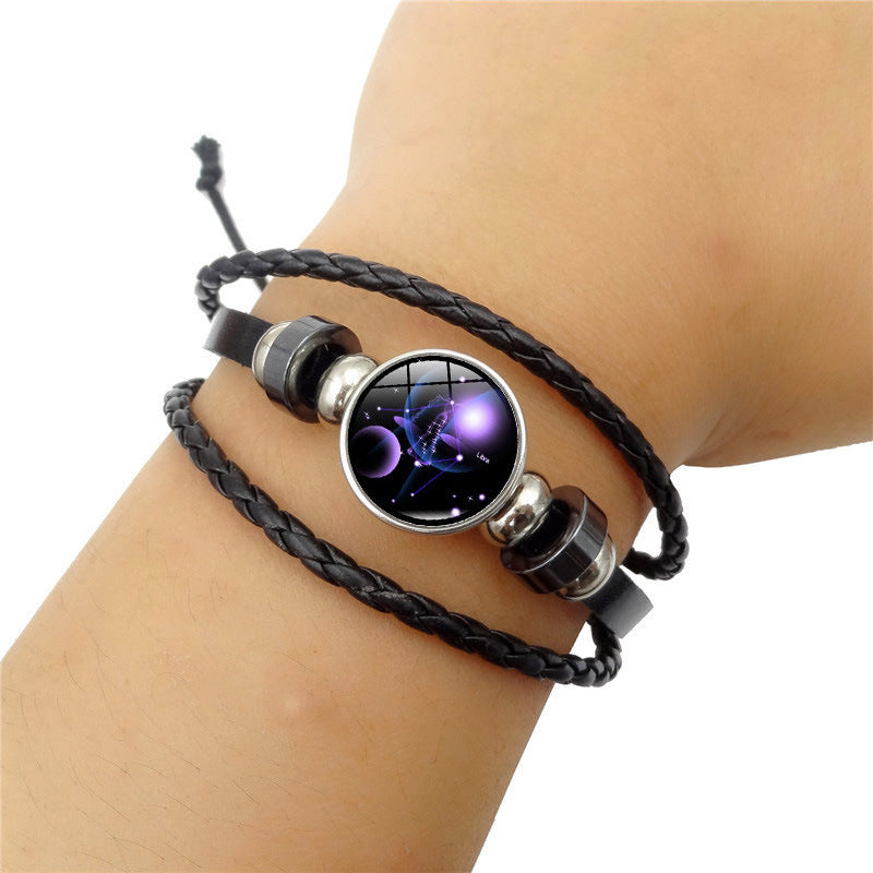 Constellation Handmade Leather Bracelet – Black Weave Multi-Layer Punk Rock Zodiac Jewelry