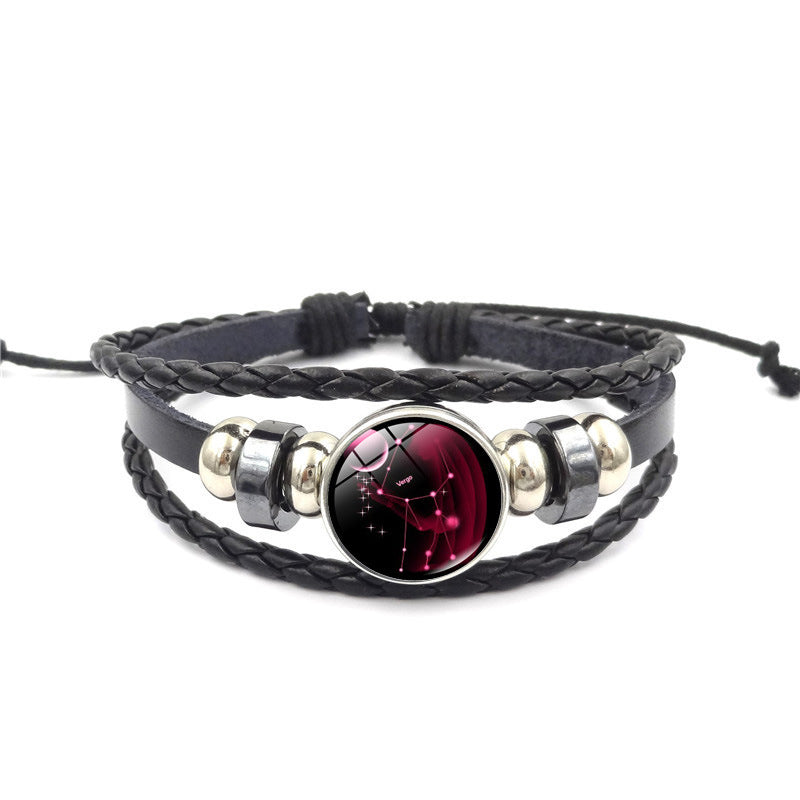 Constellation Handmade Leather Bracelet – Black Weave Multi-Layer Punk Rock Zodiac Jewelry