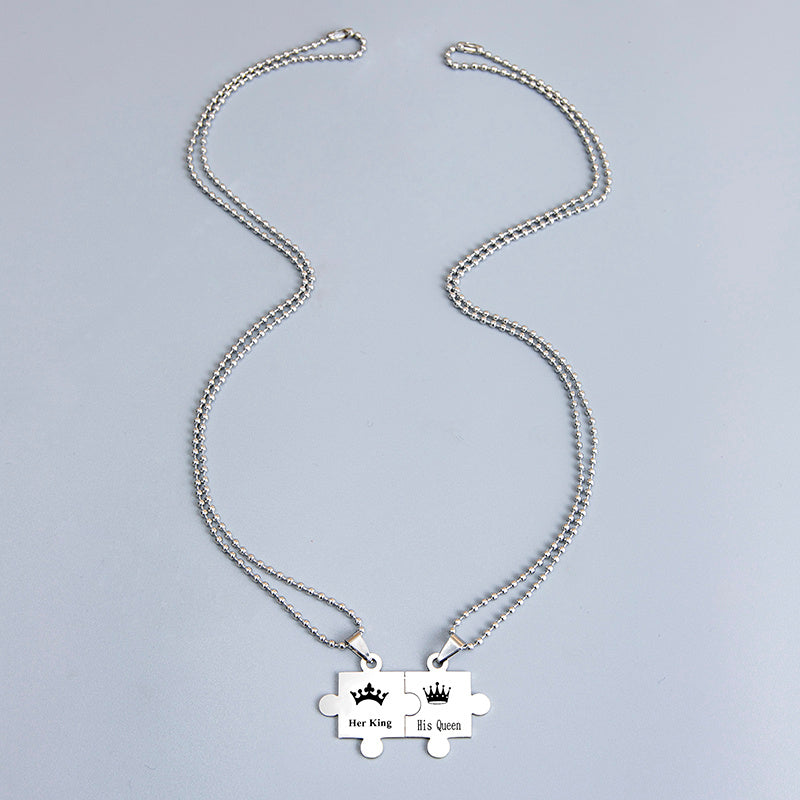His Queen and Her King Puzzle Pendant Necklace – Black and Silver Stainless Steel Couple Set