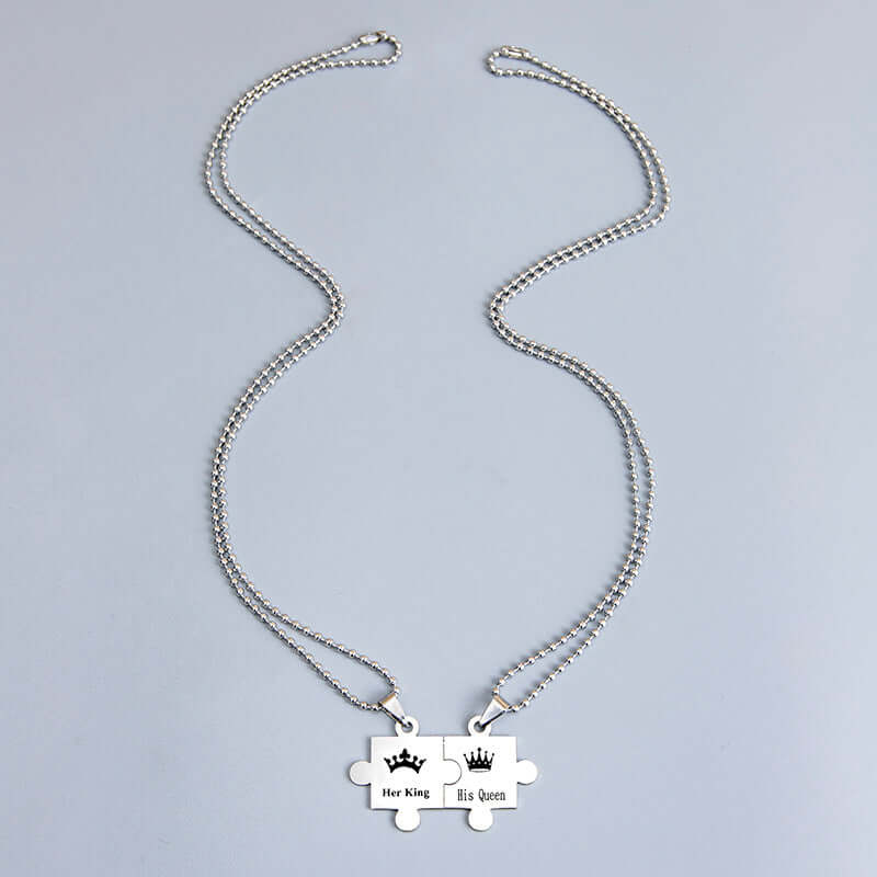 His Queen and Her King Puzzle Pendant Necklace – Black and Silver Stainless Steel Couple Set