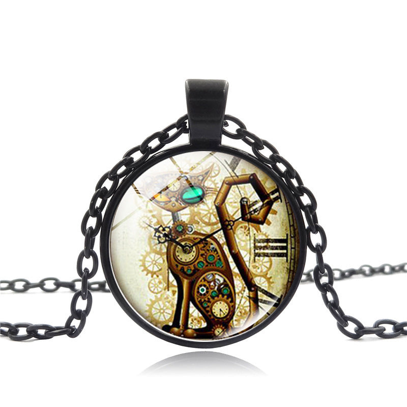 Steampunk Cat Time Gemstone Necklace – Vintage and Mysterious Feline Charm
