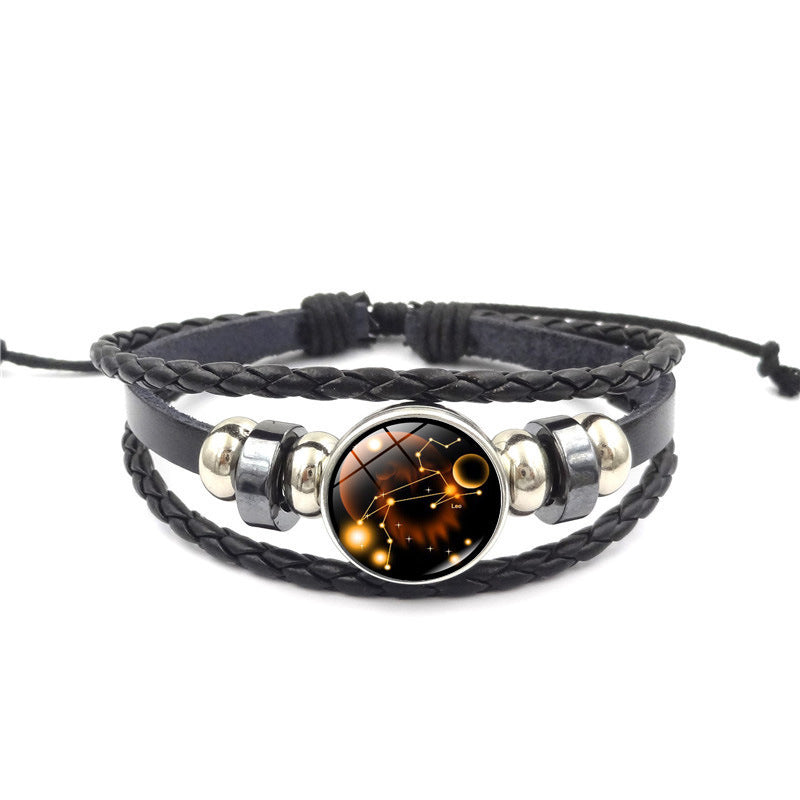 Constellation Handmade Leather Bracelet – Black Weave Multi-Layer Punk Rock Zodiac Jewelry