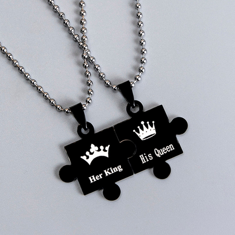 His Queen and Her King Puzzle Pendant Necklace – Black and Silver Stainless Steel Couple Set