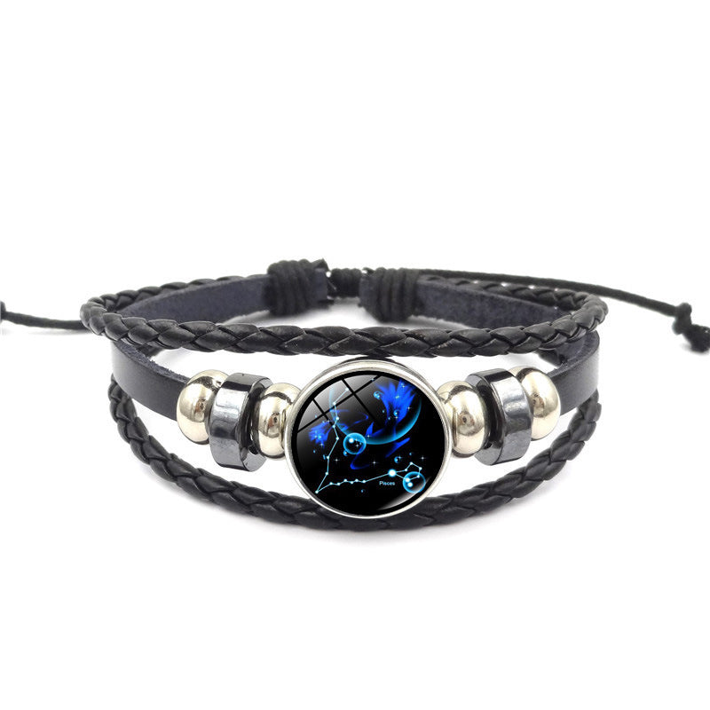 Constellation Handmade Leather Bracelet – Black Weave Multi-Layer Punk Rock Zodiac Jewelry