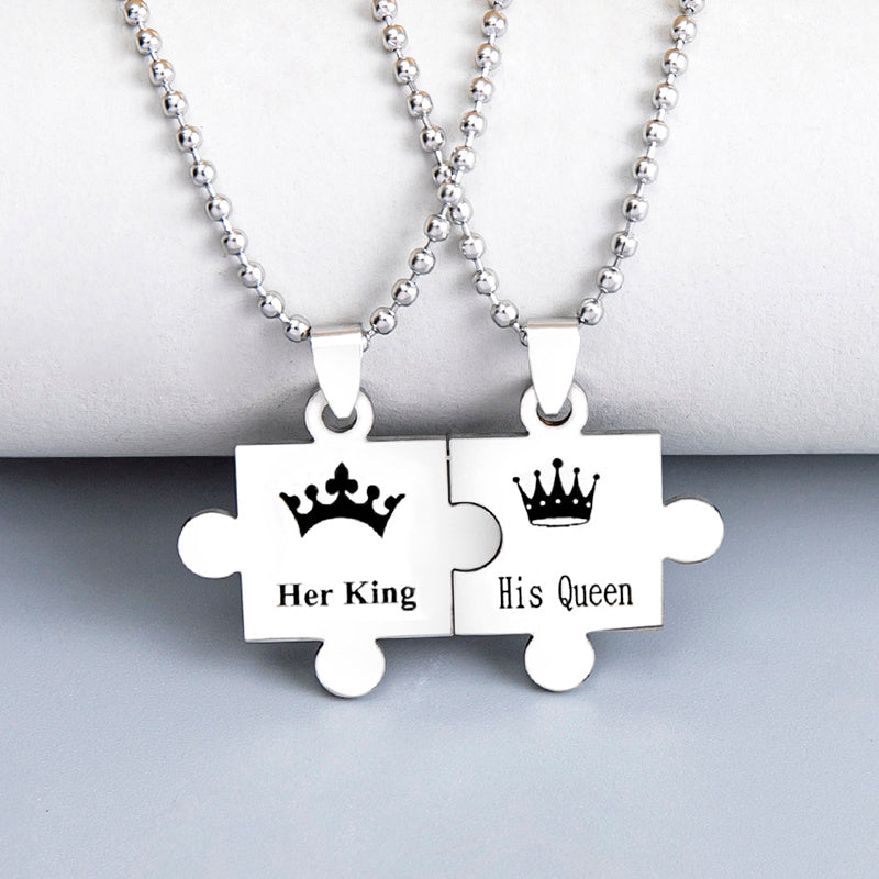 His Queen and Her King Puzzle Pendant Necklace – Black and Silver Stainless Steel Couple Set