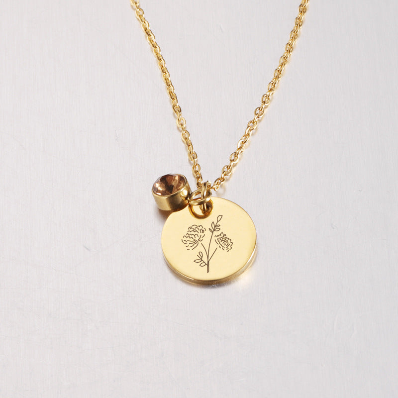 Birth Flower and Birthstone Medal Necklace – Personalized Birthday Stainless Steel Jewelry