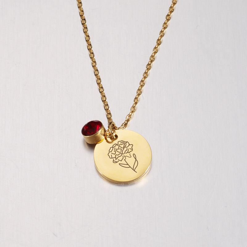 Birth Flower and Birthstone Medal Necklace – Personalized Birthday Stainless Steel Jewelry