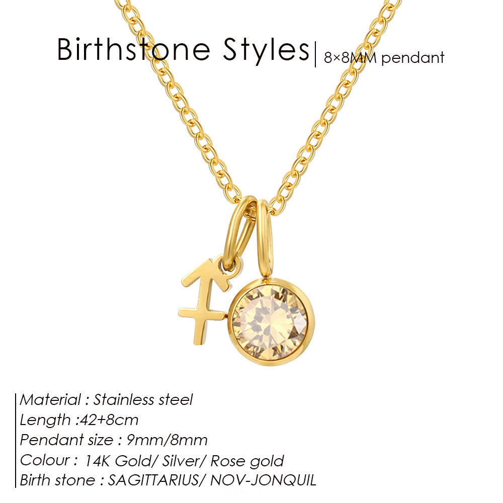 Colorful Zircon Birthstone Twelve Constellation Titanium Steel Necklace – Elegant Zodiac Jewelry for Women
