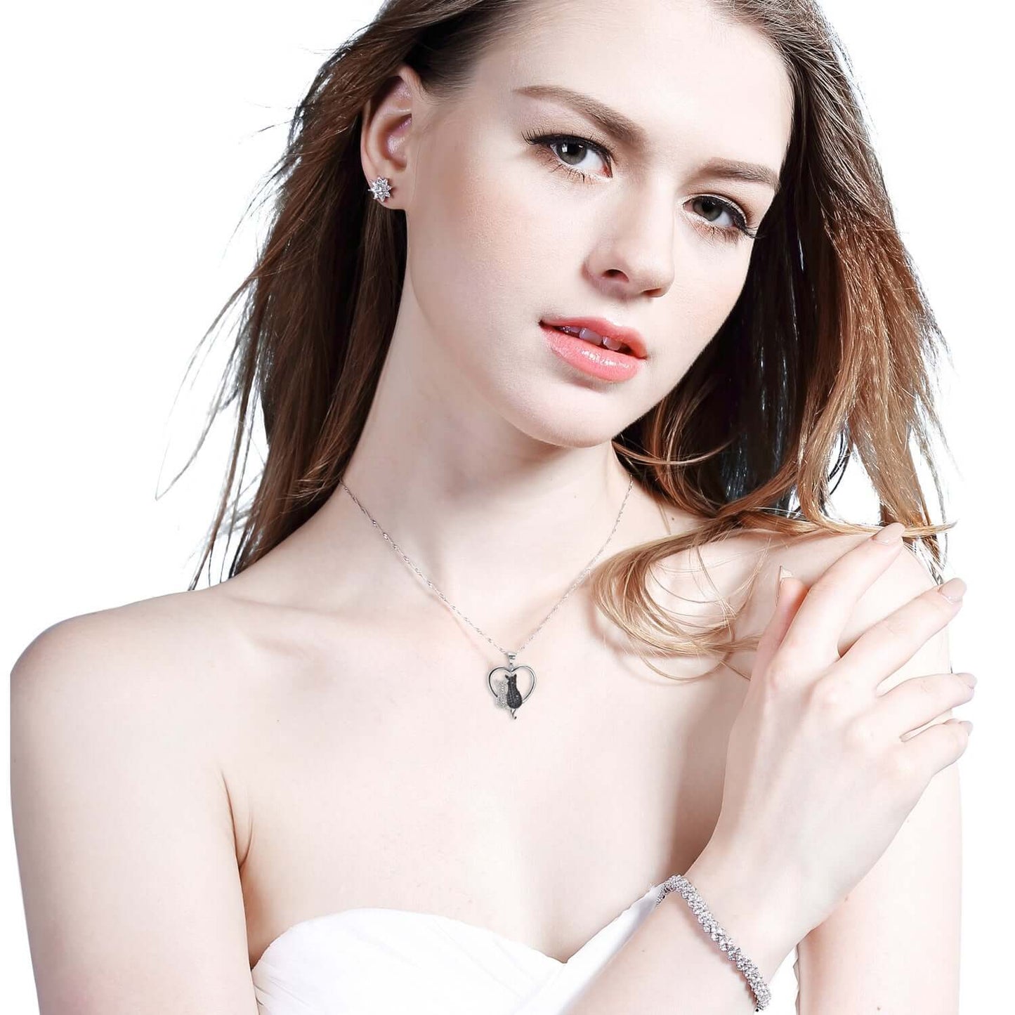 S925 Sterling Silver Black and White Cat Necklace – Full Diamond Pendant for Cat Lovers