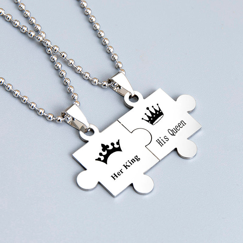 His Queen and Her King Puzzle Pendant Necklace – Black and Silver Stainless Steel Couple Set