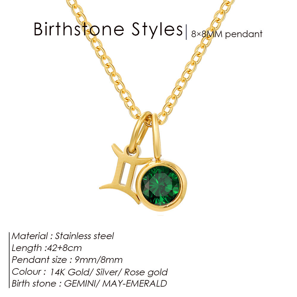 Colorful Zircon Birthstone Twelve Constellation Titanium Steel Necklace – Elegant Zodiac Jewelry for Women