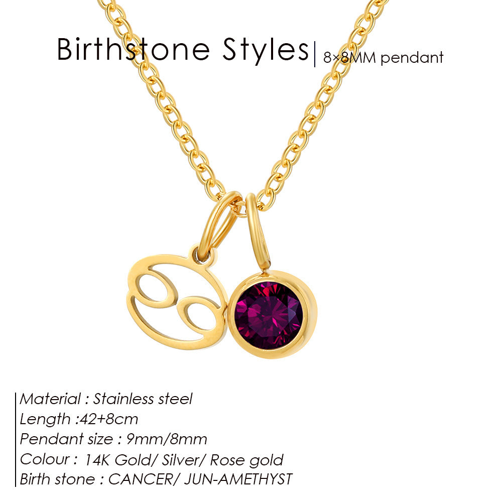 Colorful Zircon Birthstone Twelve Constellation Titanium Steel Necklace – Elegant Zodiac Jewelry for Women
