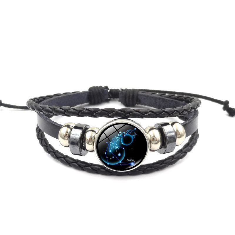 Constellation Handmade Leather Bracelet – Black Weave Multi-Layer Punk Rock Zodiac Jewelry