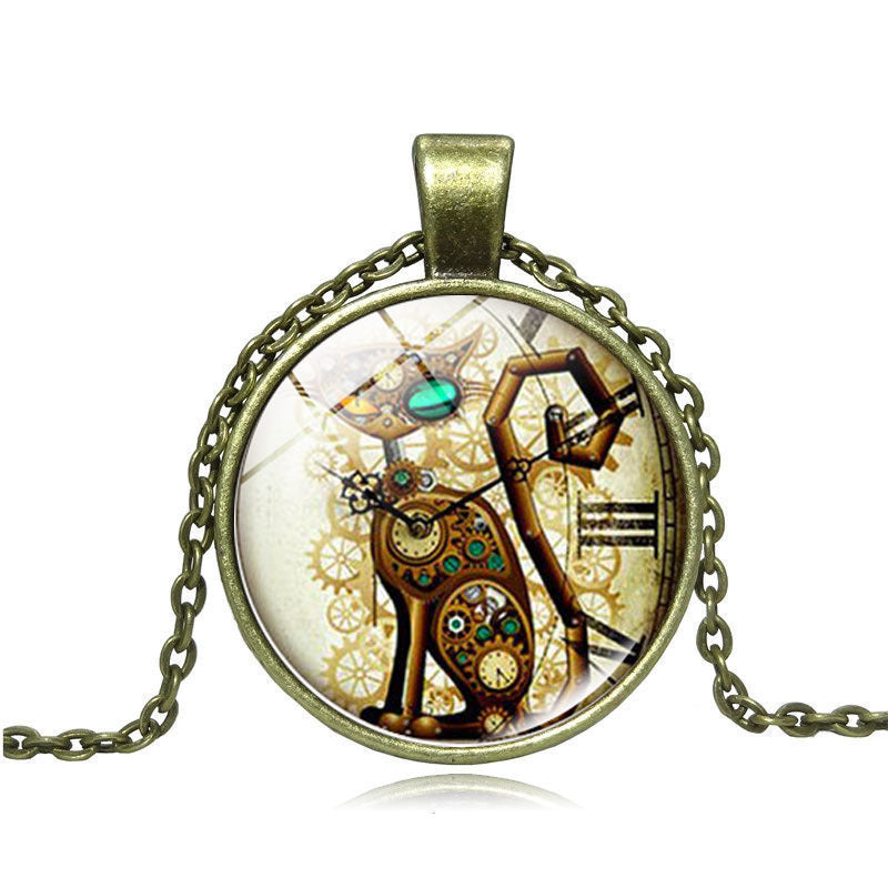 Steampunk Cat Time Gemstone Necklace – Vintage and Mysterious Feline Charm