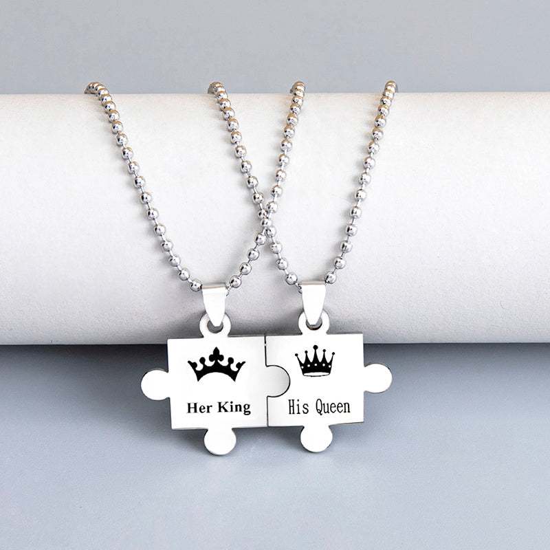 His Queen and Her King Puzzle Pendant Necklace – Black and Silver Stainless Steel Couple Set