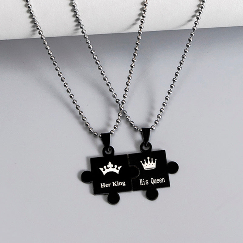 His Queen and Her King Puzzle Pendant Necklace – Black and Silver Stainless Steel Couple Set