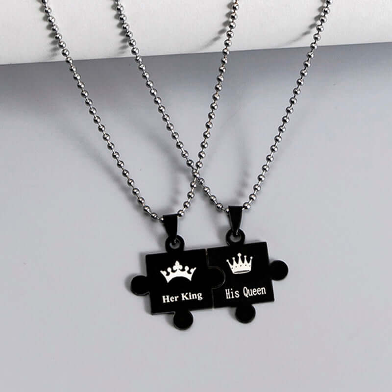 His Queen and Her King Puzzle Pendant Necklace – Black and Silver Stainless Steel Couple Set