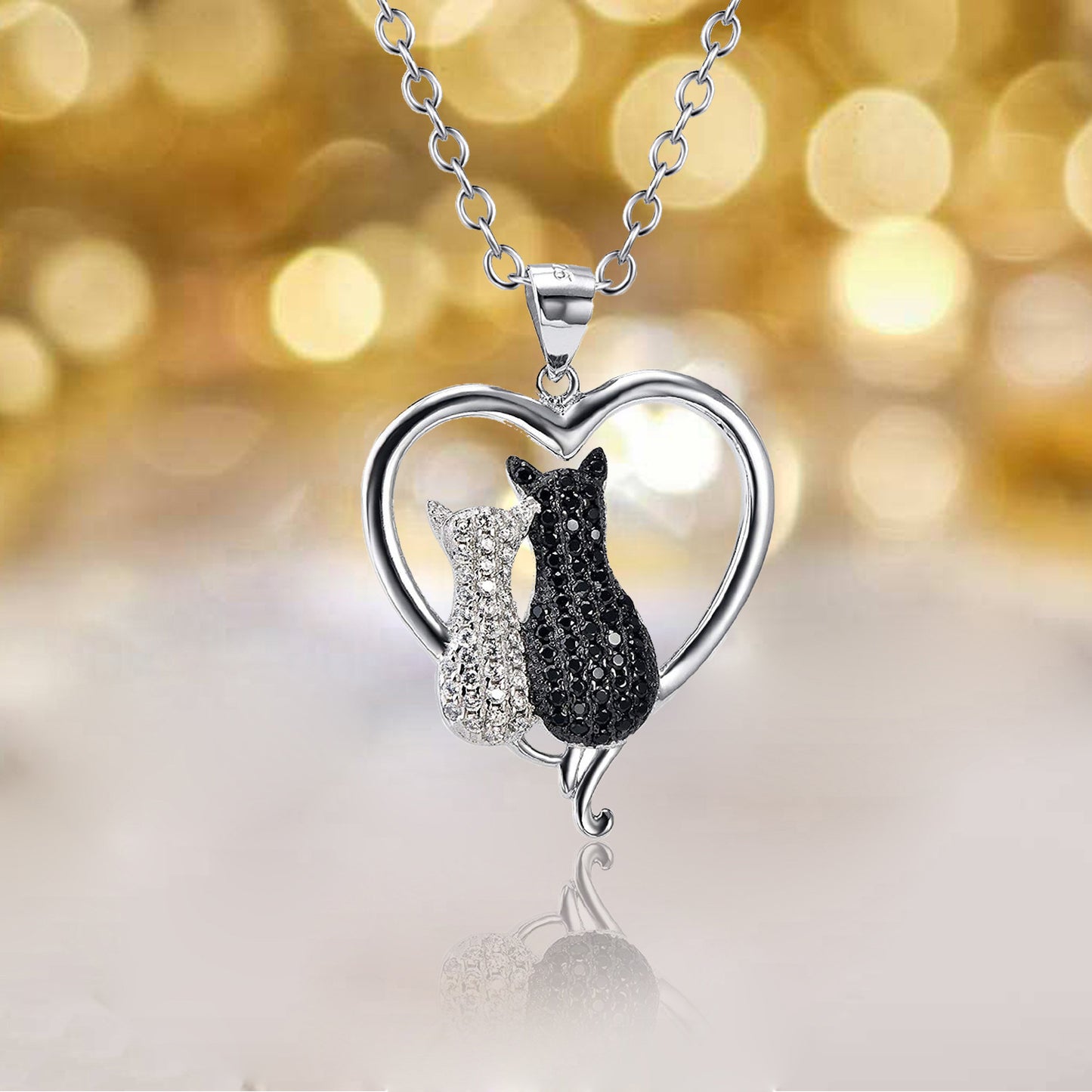 S925 Sterling Silver Black and White Cat Necklace – Full Diamond Pendant for Cat Lovers