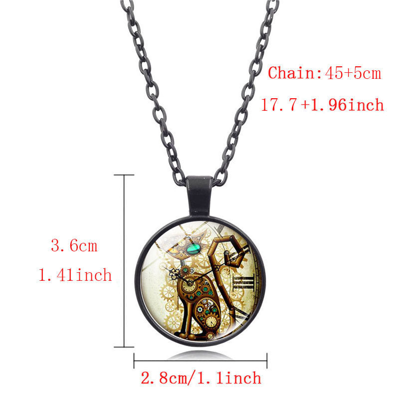 Steampunk Cat Time Gemstone Necklace – Vintage and Mysterious Feline Charm