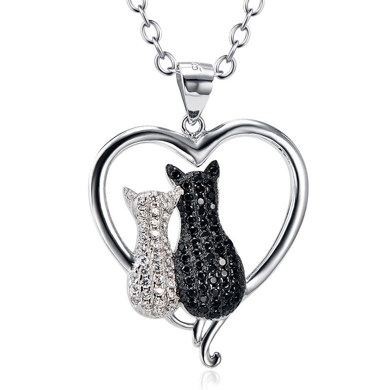 S925 Sterling Silver Black and White Cat Necklace – Full Diamond Pendant for Cat Lovers