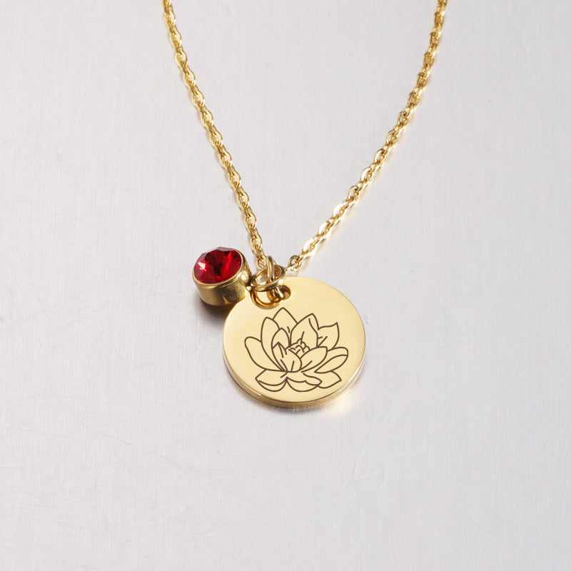 Birth Flower and Birthstone Medal Necklace – Personalized Birthday Stainless Steel Jewelry