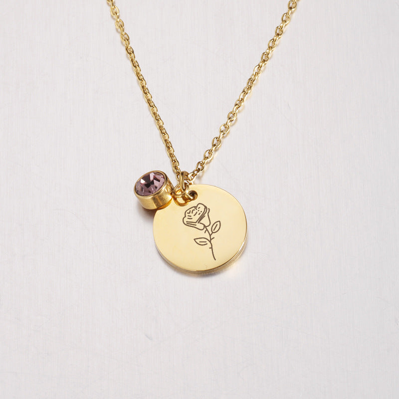 Birth Flower and Birthstone Medal Necklace – Personalized Birthday Stainless Steel Jewelry