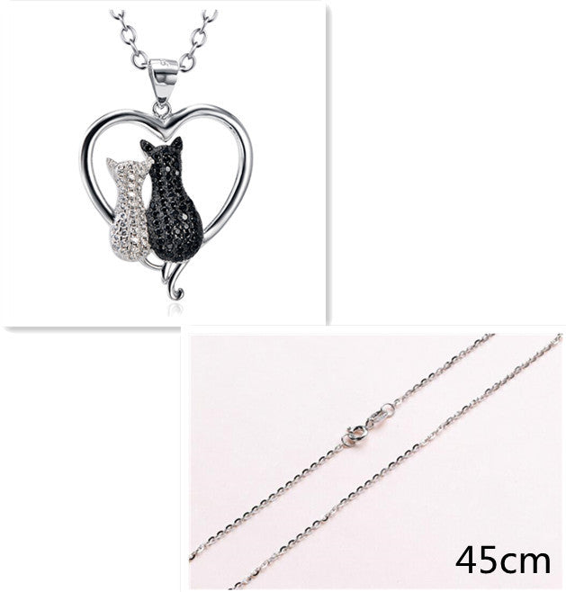 S925 Sterling Silver Black and White Cat Necklace – Full Diamond Pendant for Cat Lovers