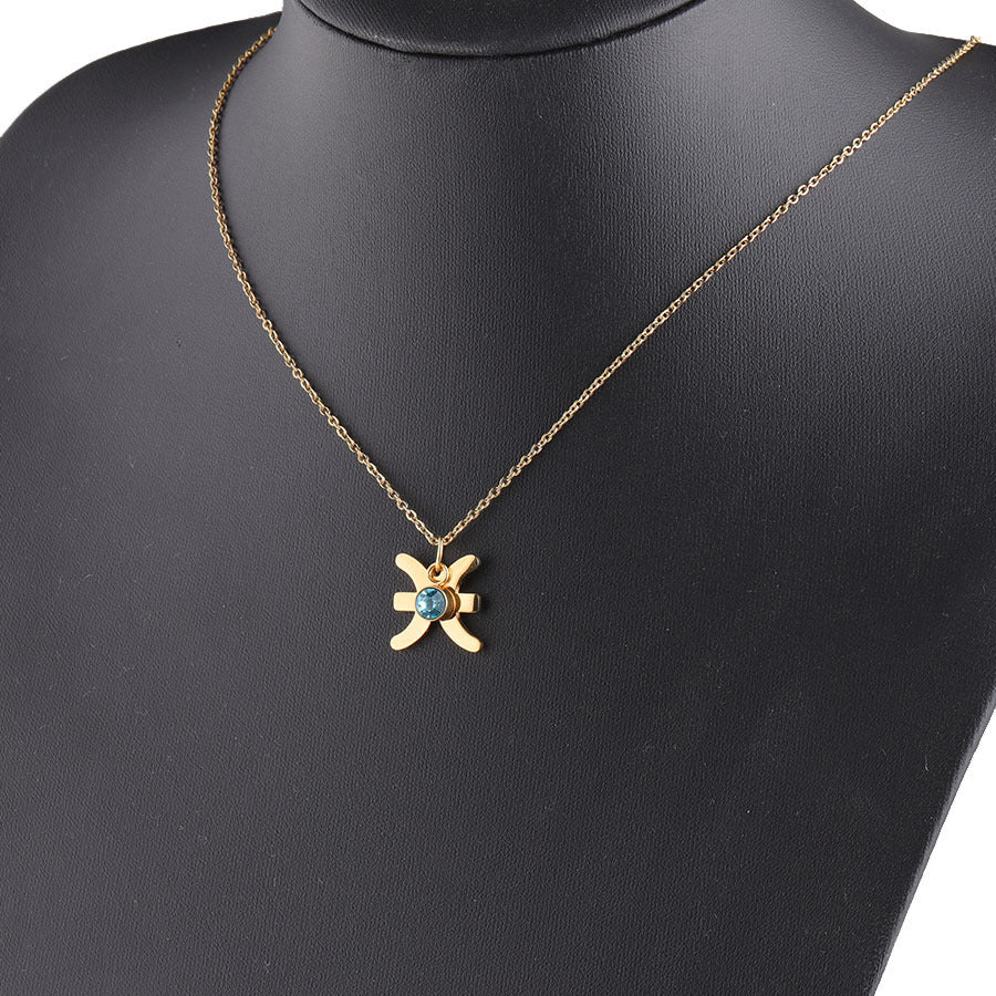 Golden Zodiac Necklace with Lucky Birthstone – Stainless Steel Astrology Jewelry