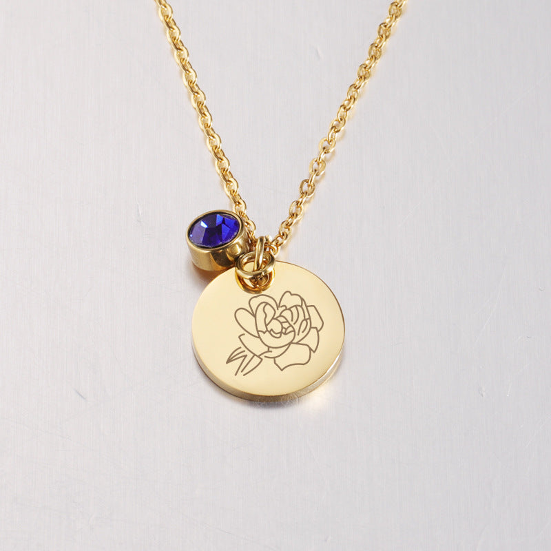 Birth Flower and Birthstone Medal Necklace – Personalized Birthday Stainless Steel Jewelry