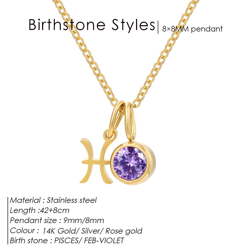 Colorful Zircon Birthstone Twelve Constellation Titanium Steel Necklace – Elegant Zodiac Jewelry for Women