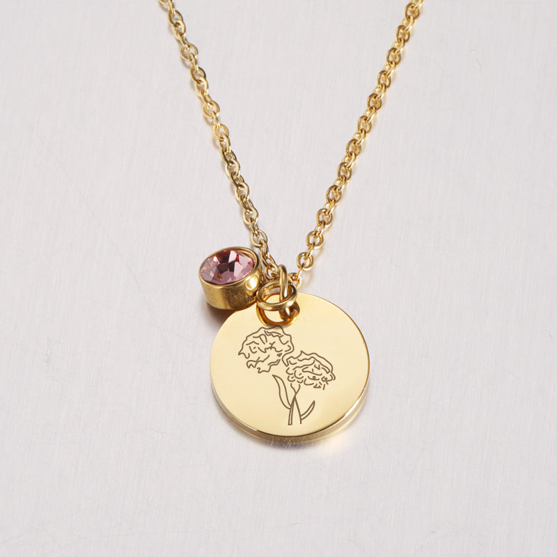Birth Flower and Birthstone Medal Necklace – Personalized Birthday Stainless Steel Jewelry