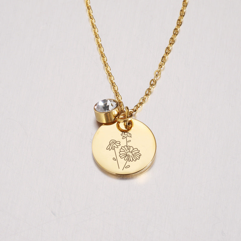 Birth Flower and Birthstone Medal Necklace – Personalized Birthday Stainless Steel Jewelry